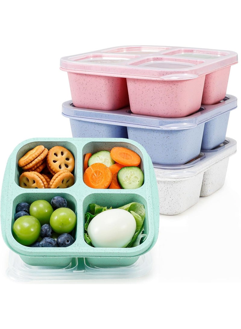 4 Pack Bento Snack Boxes Lunchable Containers for Kids & Adults, Wheat Straw 4-Compartment Reusable Food Storage Containers for Snacks & Small Meal (Multicolor & Clear Lids) - Image 1
